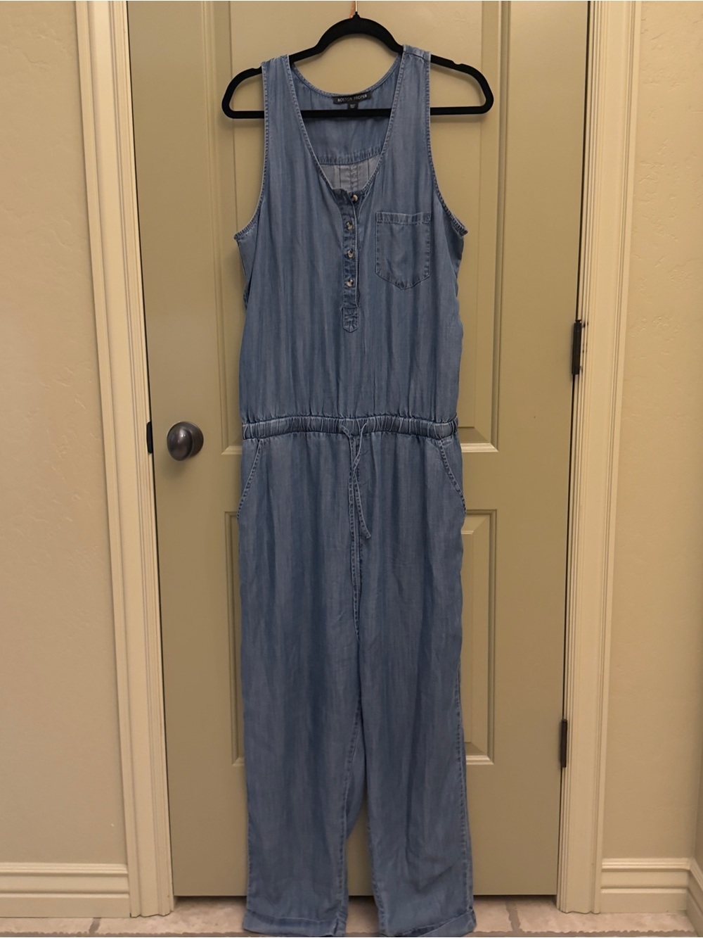 Boston Proper Light Blue Sleeveless Chambray Drawstring Jumpsuit